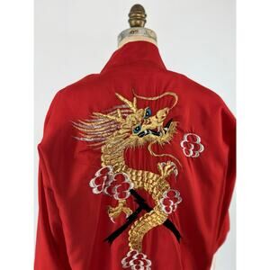 Vtg Red Asian Kimono Dragon Embroidered Haori Robe Festival Wrap Unisex One Size